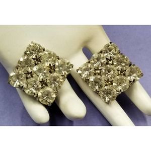 Big Sparkling Clear Rhinestones Diamond Clip Earrings, 1950s, Vintage E157